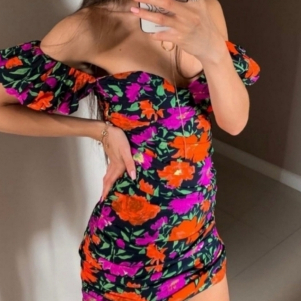 Zara Floral Off-the-Shoulder Short Puff Sleeve Fully Lined Mini Dress, XS - Picture 4 of 14